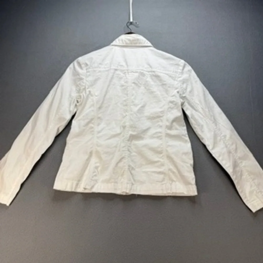 Pappagallo‎ Denim Jacket Utility Shacket Button Up Petite 6P White Flap Pockets